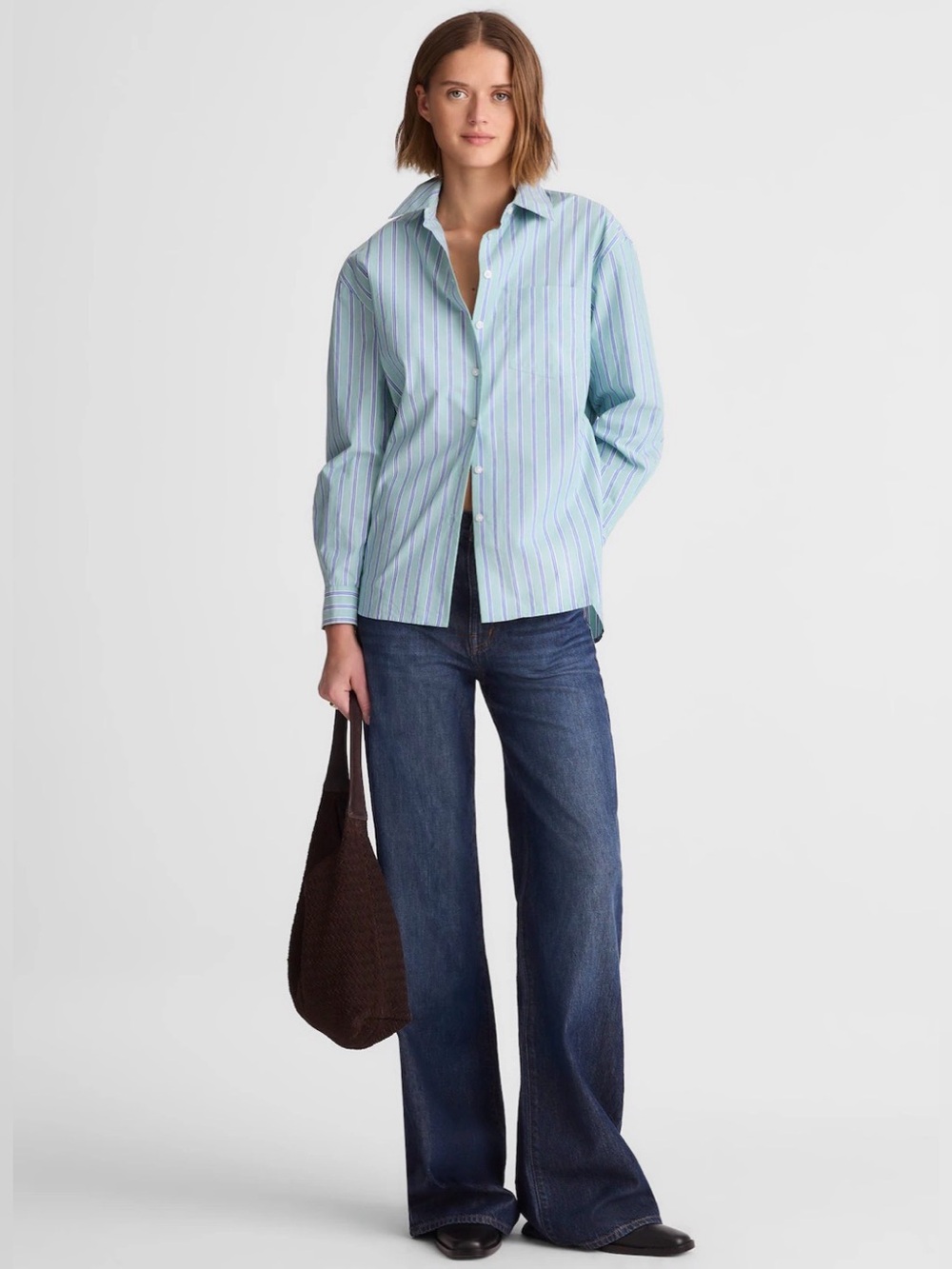 Madewell The Easy Shirt in Poplin Dusty Verdigris Striped Button Down Top XS